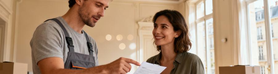 Déménageur expliquant devis détaillé à cliente, conseil professionnel transparent Lyon