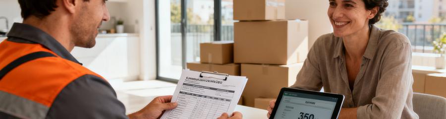 Déménageur présentant devis détaillé à cliente, consultation professionnelle rassurante