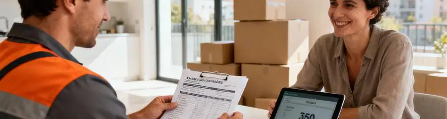 Déménageur présentant devis détaillé à cliente, consultation professionnelle rassurante