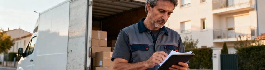Déménageur consultant documents assurances devant camion, vérification professionnelle sérieuse