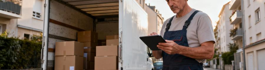 Déménageur consultant planning devant camion, professionnalisme et organisation Firminy