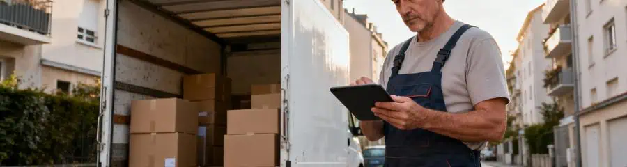 Déménageur consultant planning devant camion, professionnalisme et organisation Firminy