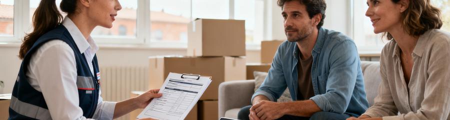 Professionnelle déménagement présentant documents assurances à clients, consultation personnalisée Toulouse