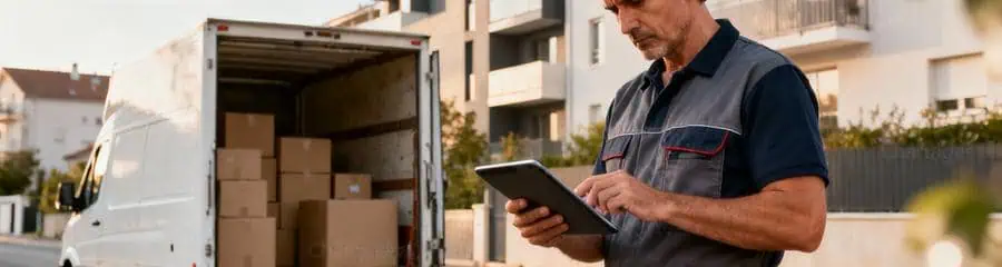 Déménageur consultant devis détaillé tablette devant camion, professionnalisme et transparence