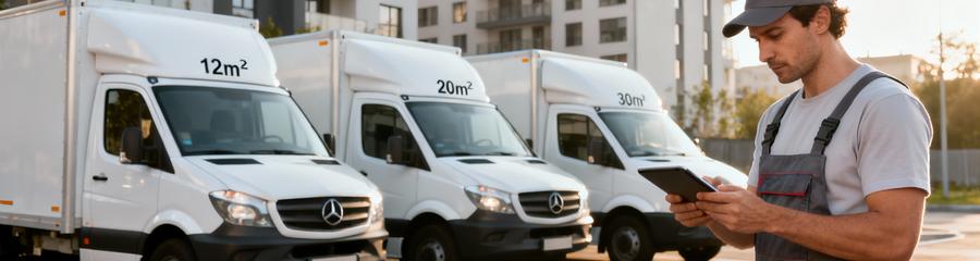 Professionnel comparant trois camions déménagement volumes différents, choix adapté au logement