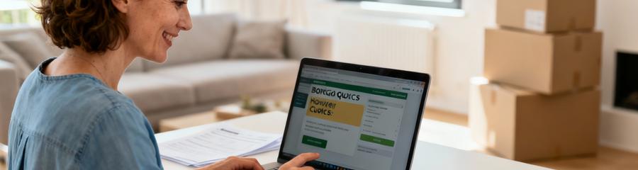 Femme comparant devis déménagement en ligne, préparation organisée avec cartons