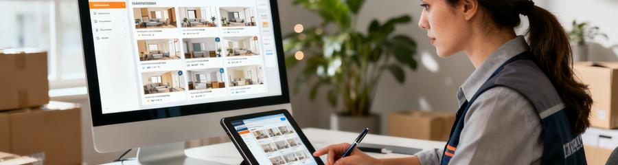 Professionnelle comparant devis déménagement en ligne, consultation sereine et réfléchie