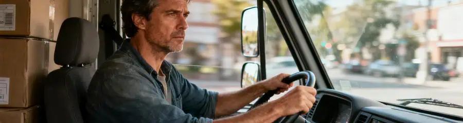 Conducteur amateur concentré volant camion déménagement, stress conduite véhicule imposant