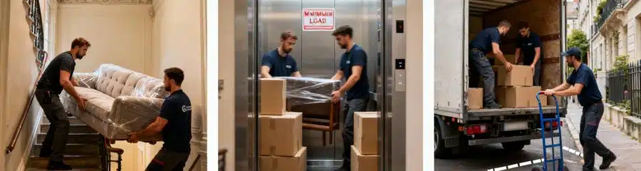 Triptyque déménagement : escaliers haussmanniens, ascenseur tour moderne, rue étroite résidentielle