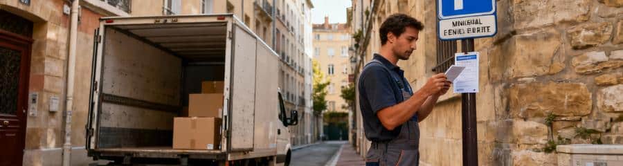 Déménageur vérifiant zone bleue réglementée, contraintes stationnement ruelle étroite Lyon