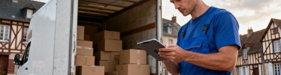 Déménageur consultant inventaire devant camion, évaluation professionnelle volume déménagement Normandie