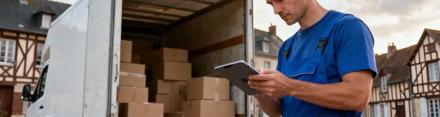 Déménageur consultant inventaire devant camion, évaluation professionnelle volume déménagement Normandie