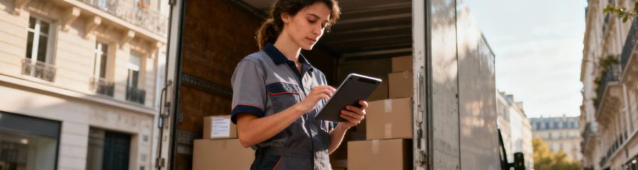 Déménageuse consultant devis sur tablette devant camion, transparence tarifaire professionnelle Paris