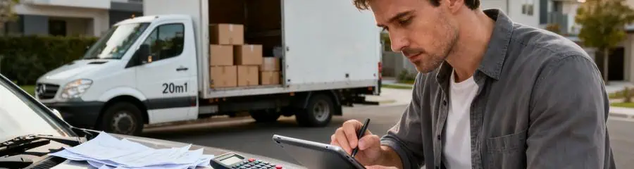 Homme analysant facture location camion déménagement, calcul budget détaillé
