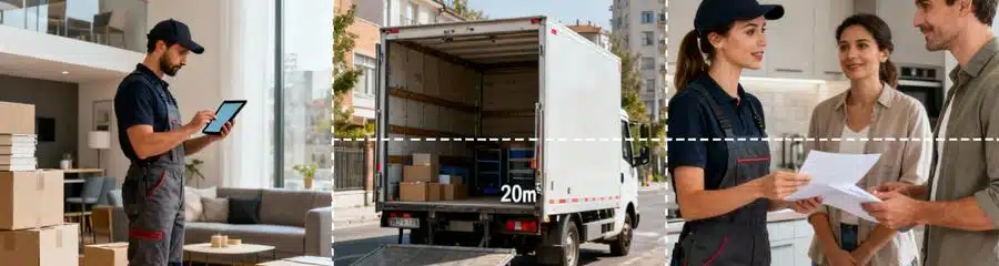Triptyque critères tarification : évaluation volume, camion chargement, établissement devis déménagement