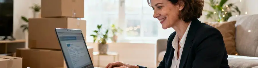 Femme consultant plateforme devis déménagement en ligne, comparaison offres sereine à domicile