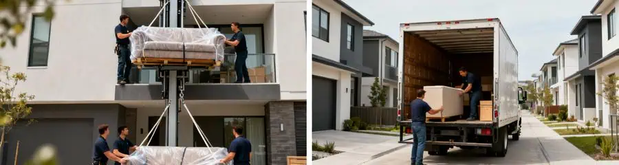 Diptyque déménagement : monte-meubles immeuble urbain et accès large maison lotissement