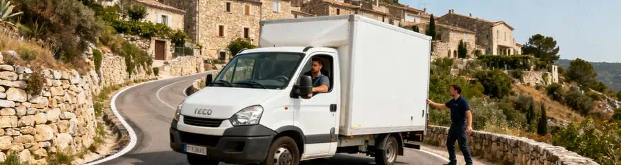 Camion déménagement compact négociant virage serré route ardéchoise, manœuvre professionnelle coordonnée