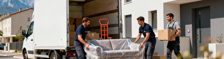 Camion déménagement et équipe professionnelle déchargeant mobilier à Bourgoin-Jallieu