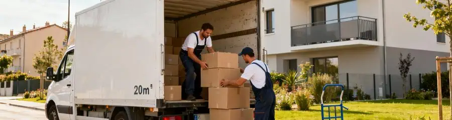 Camion déménagement quartier moderne Bourgoin-Jallieu, professionnels déchargeant cartons