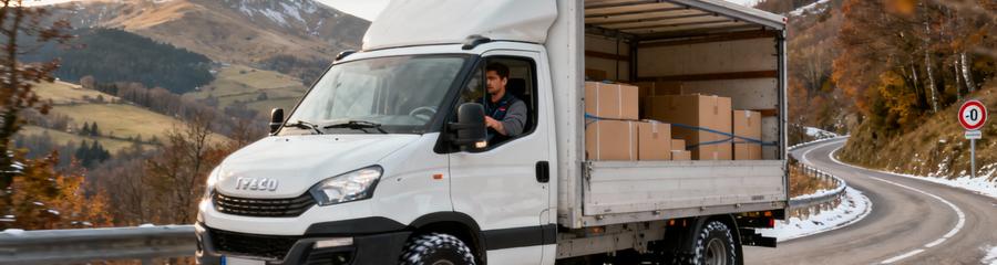 Camion déménagement négociant route sinueuse montagne Cantal, logistique adaptée relief