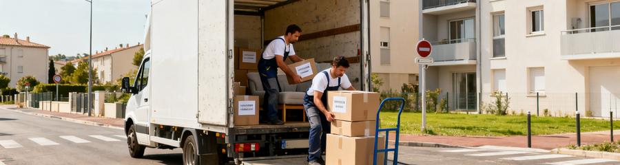Camion déménagement stationné quartier résidentiel Colomiers, déchargement professionnel organisé