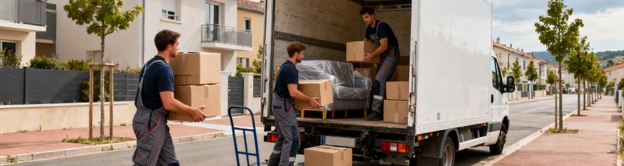 Déménageurs chargeant camion rue résidentielle Cournon-d'Auvergne, organisation professionnelle locale