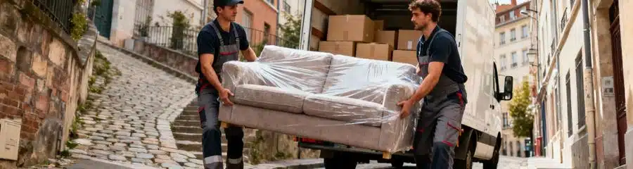 Déménageurs transportant canapé ruelle pentue Croix-Rousse, manutention coordonnée terrain difficile