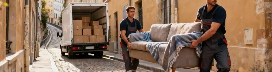 Déménageurs transportant mobilier rue pentue Croix-Rousse, manutention professionnelle terrain difficile