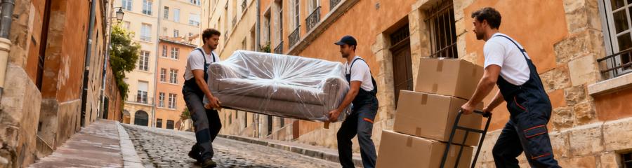 Déménageurs transportant mobilier ruelle pentue Croix-Rousse, manutention coordonnée quartier historique Lyon