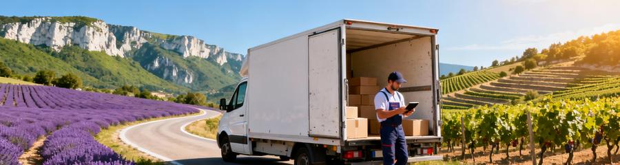 Camion déménagement route Drôme, paysages contrastés lavande montagnes vignobles