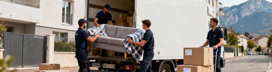 Camion déménagement Échirolles, équipe déchargeant mobilier devant immeuble résidentiel moderne