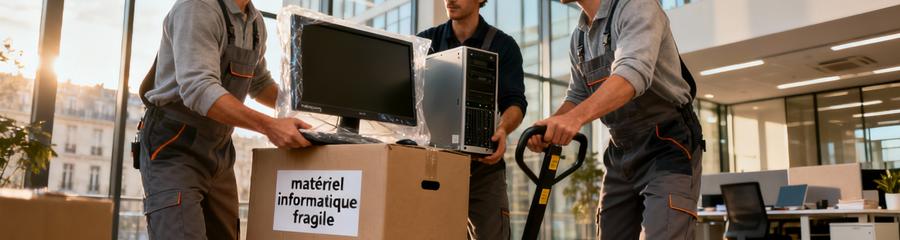 Déménageurs transportant matériel informatique bureaux, déménagement entreprise Paris professionnel