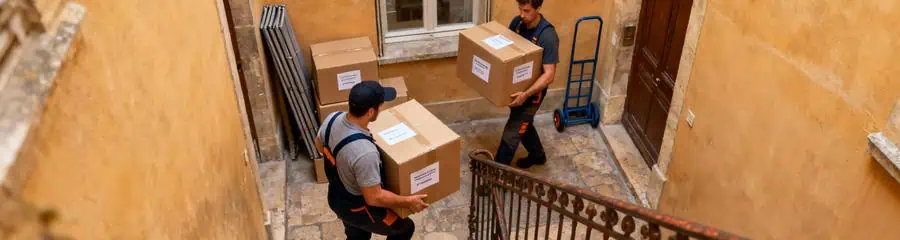 Déménageurs transportant cartons dans escalier étroit immeuble ancien, manutention coordonnée professionnelle