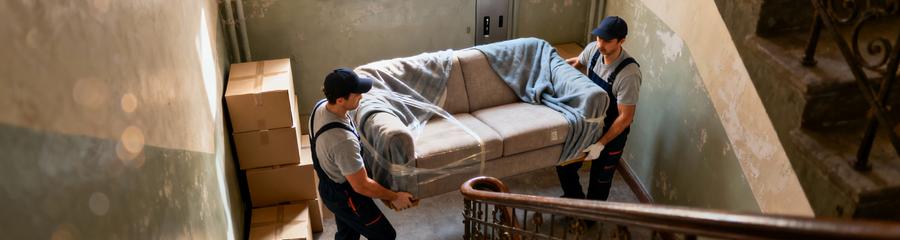 Déménageurs transportant mobilier cage escalier étroite immeuble ancien, manutention coordonnée espace restreint