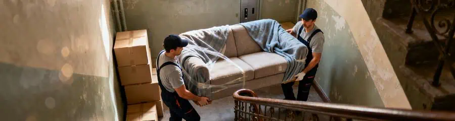 Déménageurs transportant mobilier cage escalier étroite immeuble ancien, manutention coordonnée espace restreint