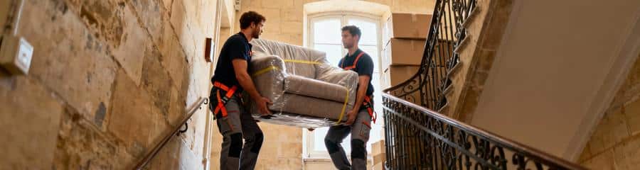 Déménageurs transportant canapé escalier étroit ancien, manutention technique contrainte spatiale