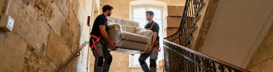 Déménageurs transportant canapé escalier étroit ancien, manutention technique contrainte spatiale