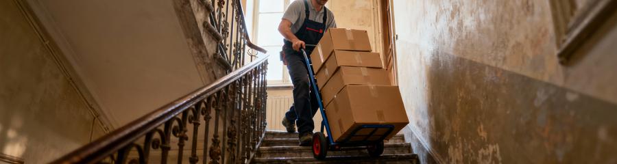 Déménageur transportant cartons dans escalier étroit immeuble ancien, manutention contrainte urbaine