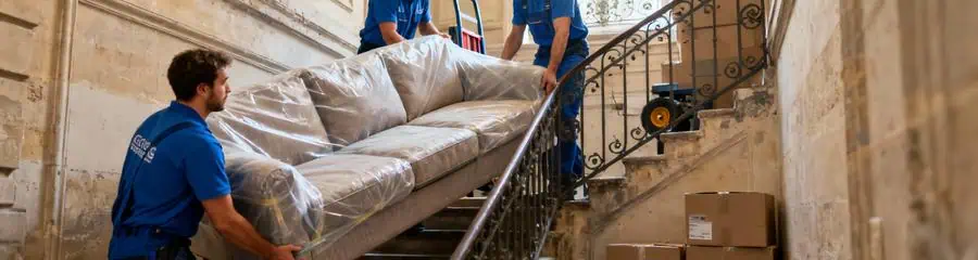 Déménageurs transportant canapé escalier étroit immeuble haussmannien, manutention coordonnée professionnelle