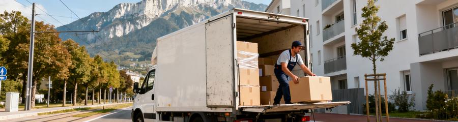 Camion déménagement Fontaine avec montagnes Vercors, contexte urbain grenoblois résidentiel