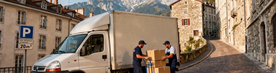 Camion déménagement rue étroite Grenoble, immeubles anciens et montagnes Chartreuse arrière-plan