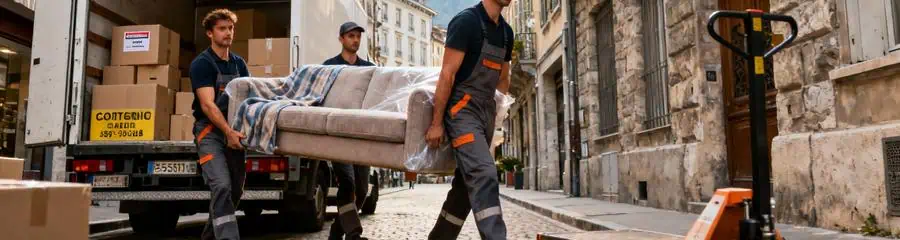 Déménageurs transportant mobilier rue étroite hyper-centre Grenoble, logistique urbaine contrainte