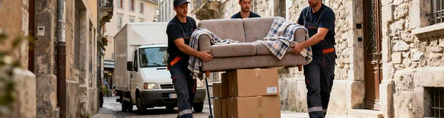 Déménageurs transportant mobilier ruelle étroite centre-ville Grenoble, manutention urbaine contrainte