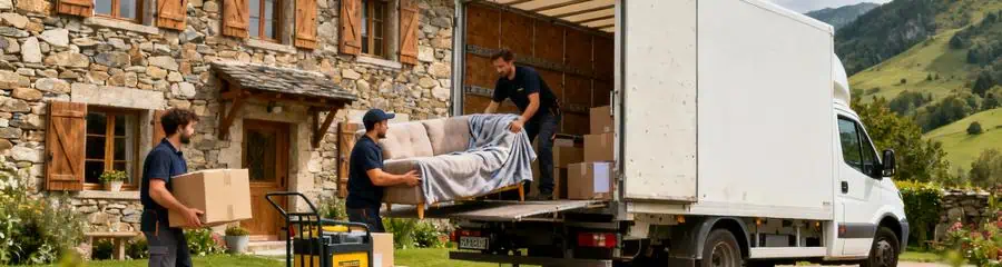 Camion déménagement devant maison pierre Haute-Loire, équipe déchargeant mobilier zone rurale