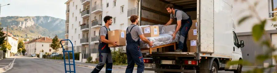 Déménageurs chargeant camion en Haute-Loire, équipe locale expérimentée relief montagneux