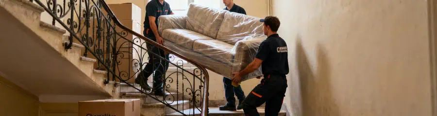 Déménageurs transportant canapé escalier étroit immeuble ancien, manutention coordonnée professionnelle