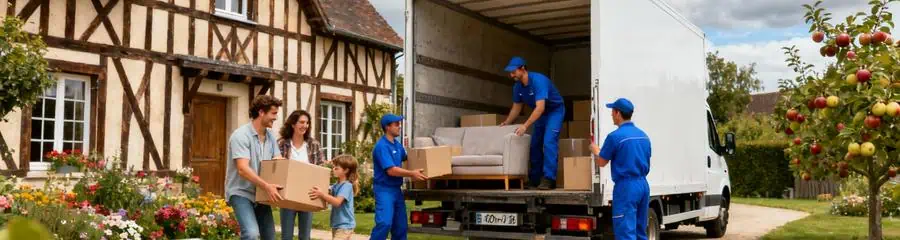 Famille déchargeant cartons avec déménageurs devant maison normande, installation nouvelle région