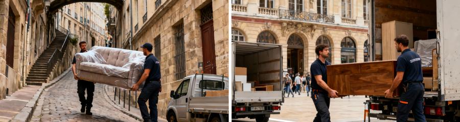 Déménageurs transportant mobilier quartiers Croix-Rousse et Terreaux Lyon, manutention spécialisée rues historiques