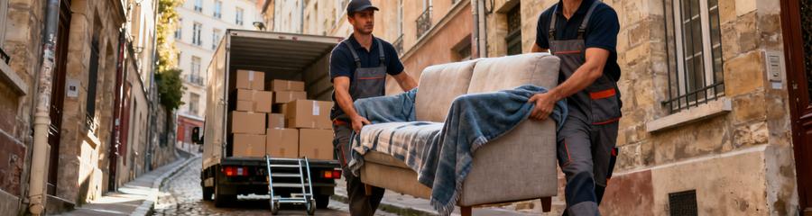 Déménageurs transportant mobilier ruelle étroite Pentes Croix-Rousse Lyon, manutention professionnelle terrain complexe
